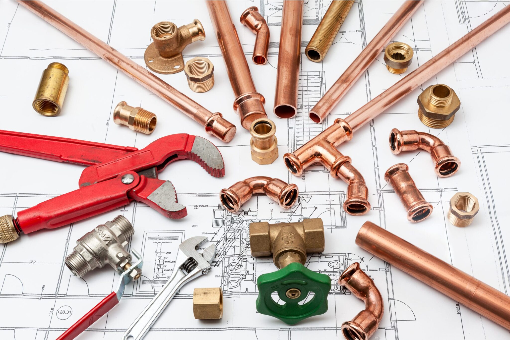 Copper pipes, fittings, valves, and plumbing tools in Brandon