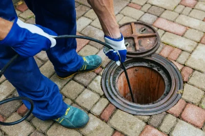 Plumber cleaning an outdoor sewer drain in Brandon