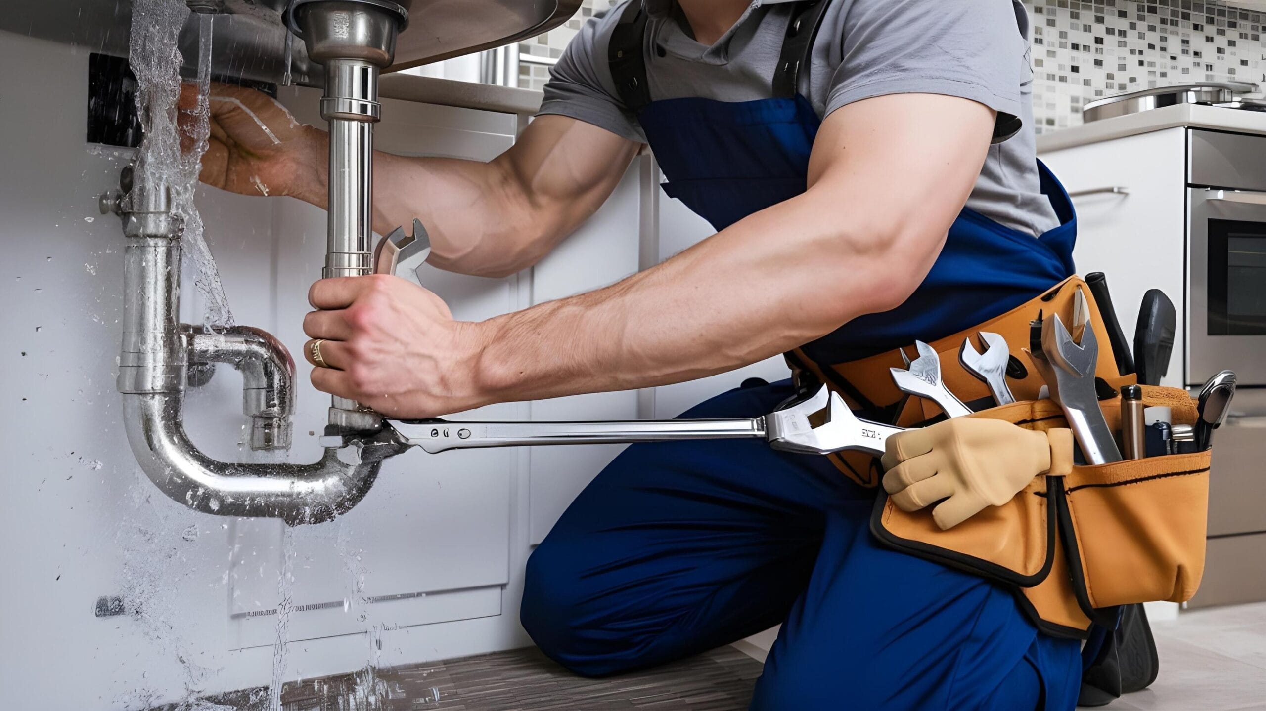 Plumber tightening a residential plumbing pipe in Brandon