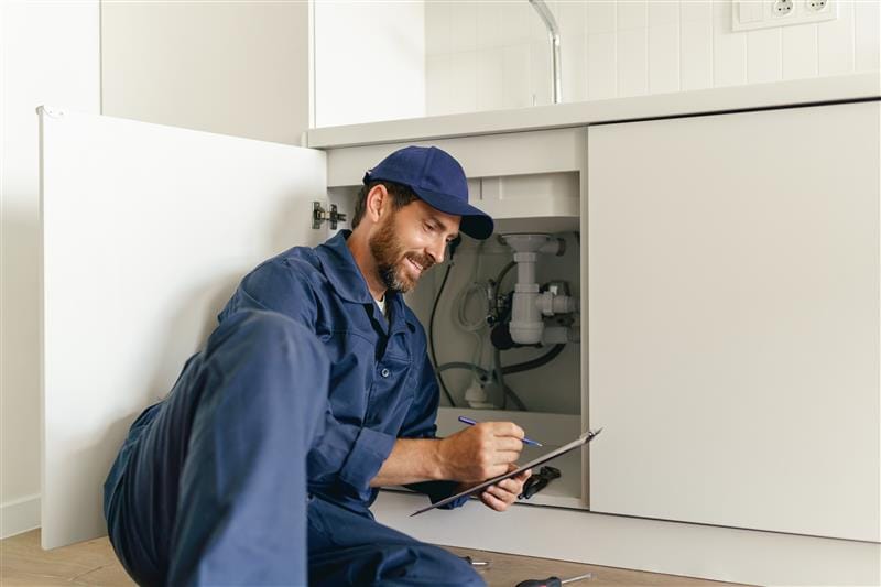 Residential plumber reviewing plumbing repairs in a Brandon kitchen