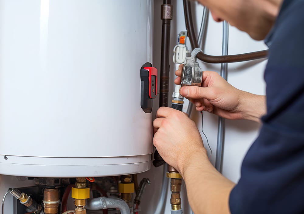 Technician repairing pipes connected to a water heater in Brandon